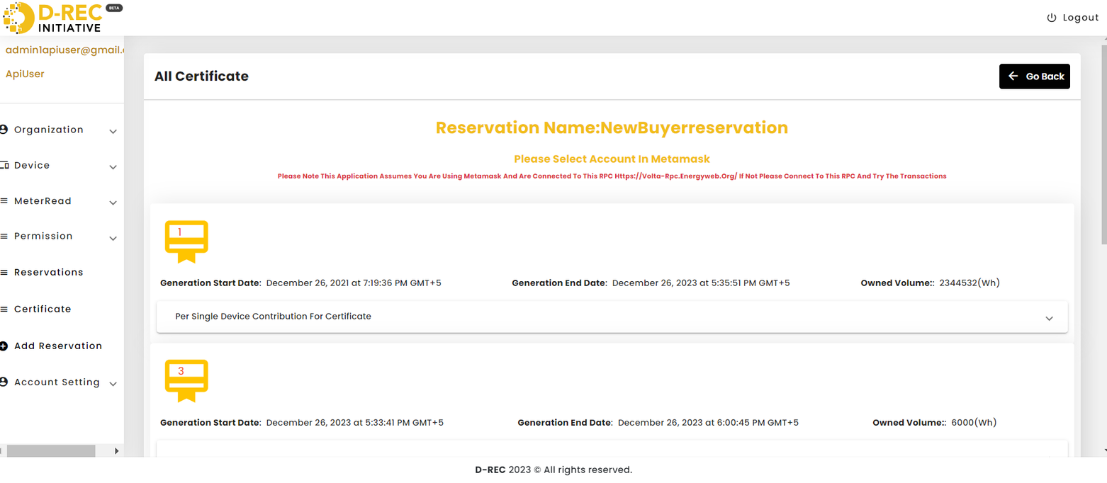 All Certificate listing of an reservation